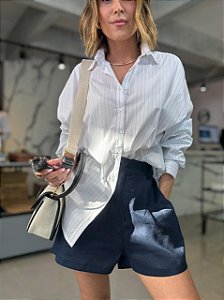 Camisa Feminina Oversized Algodão Risca de Giz Branco
