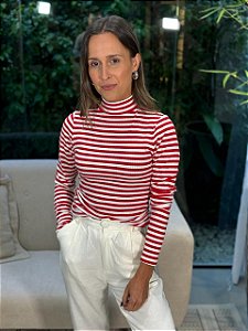 Blusa Feminina Ribana Canelada Gola Alta Listrada Vermelho