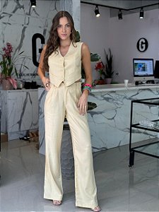 Pantalona Feminina Alfaiataria Maquinetado Malu Amarelo Manteiga