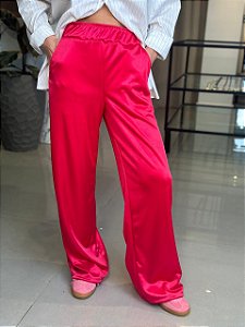 Calça Feminina Wide Leg Malha Acetinada Comfy Rosa Choque