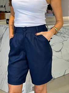 Bermuda Feminina Alfaiataria Linho 100% Elia Azul Marinho