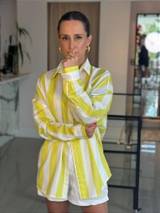 Camisa Feminina Oversized Algodão Flame Listra Branco e Amarelo