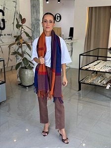 Cachecol Flanela Xadrez Azul e Laranja