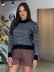 Blusa Feminina Tricô Listrada Desagulhada Preto