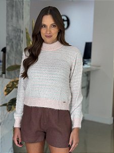 Blusa Feminina Tricô Listrada Desagulhada Rosa Chá