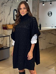 Maxi Poncho Feminino Tricô Gola Alta Preto