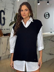 Colete Feminino Tricô Alongado Decote V Preto