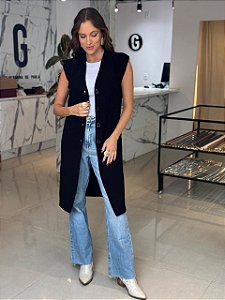 Maxi Colete Feminino Tricô Botões Preto