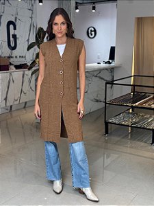 Maxi Colete Feminino Tricô Botões Camel