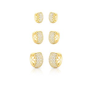 Brinco Trio de Argolas com Zircônias Banhado A Ouro