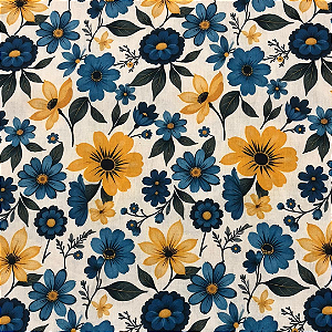 TECIDO 100% ALGODÃO FLORES AZUIS E AMARELAS - PREÇO 0,50 X 1,50MT