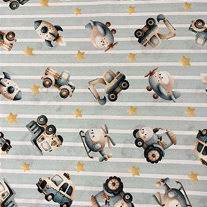 TECIDO 100% ALGODÃO DIGITAL CARRINHOS NO ESPAÇO - PREÇO DE 0,50 X 1,50MT