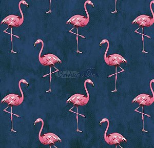 TECIDO 100% ALGODÃO- FLAMINGO ROSA FUNDO AZUL MARINHO - PREÇO DE 0.50 x 1,50