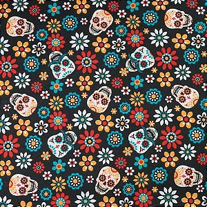 TECIDO 100% ALGODÃO- DOHLER - CAVEIRA COLORIDA FUNDO PRETO - PREÇO DE 0.50 x 1,50