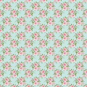 TECIDO 100% ALGODÃO FABRICART- SHABBY CHIC - ROSAS GRANDES FUNDO ACQUA- PREÇO DE 0.50 x 1,50