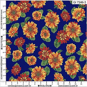 TECIDO 100% ALGODÃO EVA E EVA -COLEÇÃO GIRASSOL - FUNDO MARINHO   PREÇO DE 0.50 x 1,50