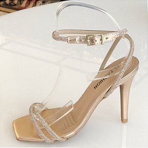 Sandália Salto Fino Tiras Strass Dourada
