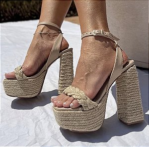 Sandália Salto Bloco Alto em Sisal Meia Pata e Tiras Cruzadas