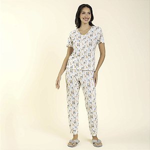 Pijama Feminino Manga Curta Branco Greyhound