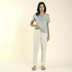 Pijama Feminino com Camiseta Henley Curta Poá Green