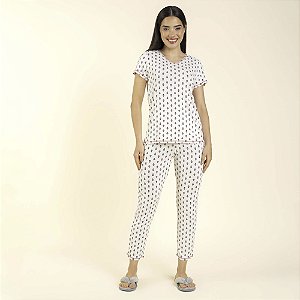 Pijama Feminino Capri Branco Floral Estilizado