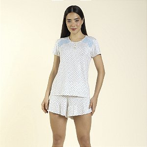 Pijama Feminino Curto Branco com Poás Azul Encante