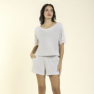 Pijama Feminino Curto Stripe Mescla com Renda