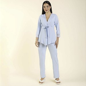 Pijama Gestante Trio Azul Claro com Renda