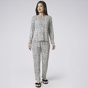 Pijama Feminino Longo Onça Preto e Branco