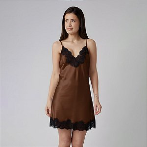 Camisola Curta de Alça Choco com Renda
