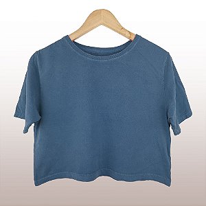 Cropped Camiseta Feminina Estonada Lisa Azul Jeans