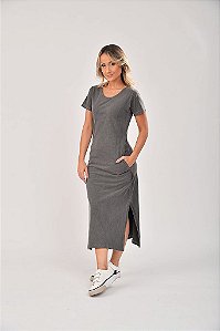 Vestido Midi Fenda Estonado M/Malha Algodão Chumbo