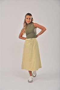 Saia Midi Estonada M/Malha Algodão Casual Palha