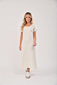 Vestido Midi Fenda Estonado M/Malha Algodão Off White