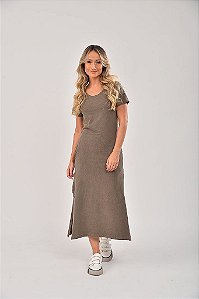 Vestido Midi Fenda Estonado M/Malha Algodão Marrom
