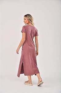 Vestido Midi Fenda Estonado M/Malha Algodão Vinho