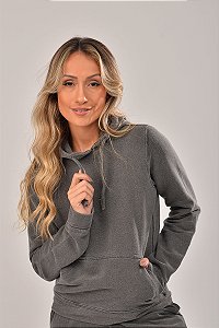 Blusa Feminina Capuz Moletom Estonado Algodão Chumbo