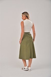 Saia Midi Estonada M/Malha Algodão Casual Oliva