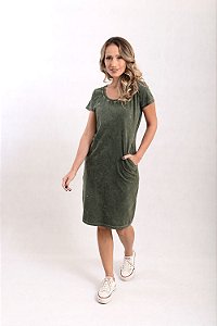 Vestido Curto Camisetão Marmorizado M/Malha Oliva