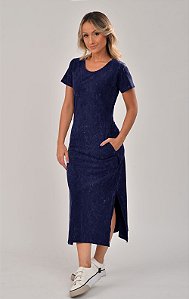 Vestido Midi Fenda Marmorizado M/Malha Algodão Marinho