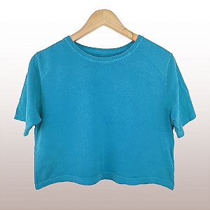 Cropped Camiseta Feminina Estonada Lisa Azul Turquesa