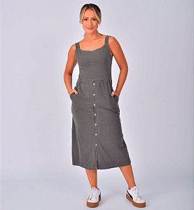 Vestido Midi Botão Estonado M/Malha Algodão Chumbo