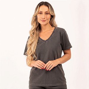 Camiseta Feminina Gola V Estonada Chumbo em algodão penteado 30.1