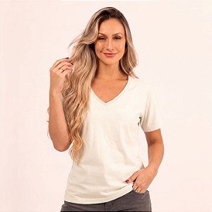 Camiseta Feminina Gola V Marfim em Algodão Penteado 30.1