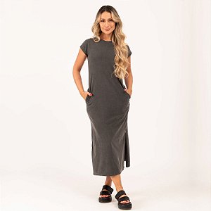 Vestido Midi Manga Japonesa Estonado M/Malha Algodão Chumbo