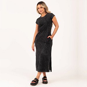 Vestido Midi Manga Japonesa Marmorizado M/Malha Algodão Preto