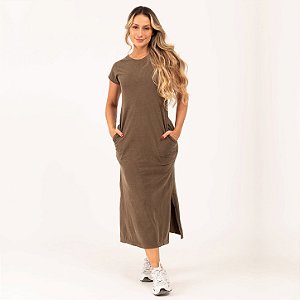 Vestido Midi Manga Japonesa Estonado M/Malha Algodão Marrom