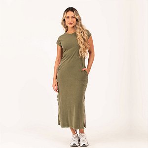 Vestido Midi Manga Japonesa Estonado M/Malha Algodão Oliva
