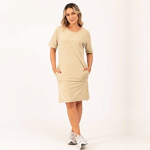 Vestido Curto Camisetão Estonado M/Malha Corte a Fio Palha