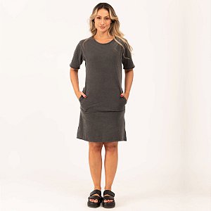 Vestido Curto Camisetão Estonado M/Malha Corte a Fio Chumbo